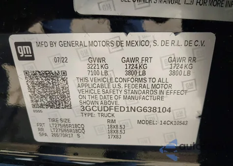 2022 Chevrolet Silverado 1500 4Wd Short Bed Lt Trail Boss from USA, damaged, VIN 3GCUDFED1NG638104